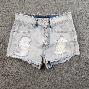 High-Waist Frayed Cutoff Y2K Denim Jean Shorts Size 2 Blue Button Fly No Stretch